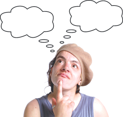 A young woman with a finger on her chin with two thought bubbles above her head