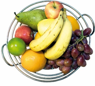 A bowl of fruit - pears, apples, oranges, grapes and bananas