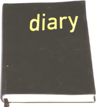 Black diary with gold writing on front