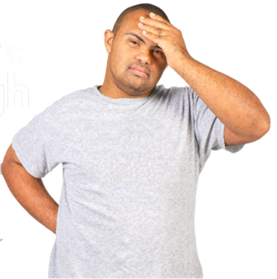 A man holding one hand to his forehead