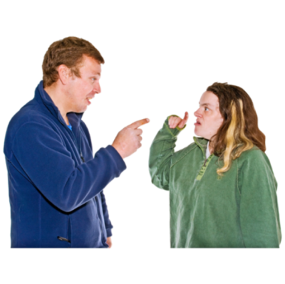 A man and woman shouting and pointing at each other