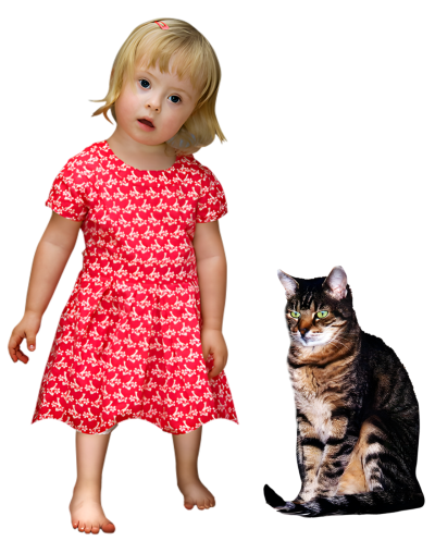 Small girl wearaing a red and white dress standing next to a tabby cat