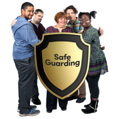 A group of people standing behind a big shield with the words safe guarding written on it