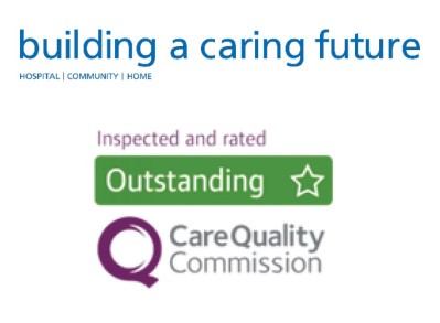 Northumbria Healthcare strapline - building a caring future, hospital, community, homes and the CQC Outstanding logo