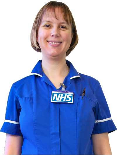A nurse in a blue NHS uniform