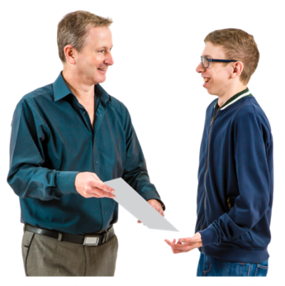 A man showing a young man some information on a piece of paper infomation sheet.