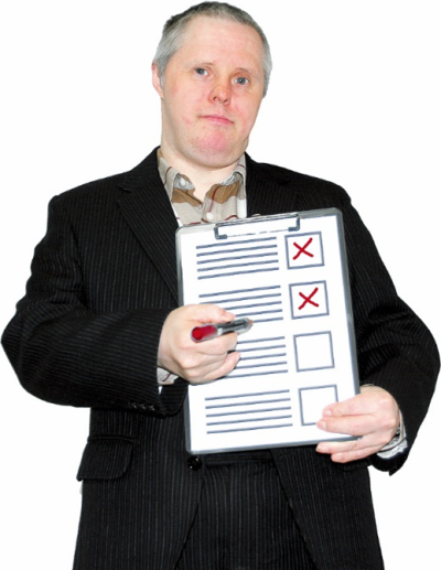 A man holding a clipboard with a list of items on. The first two have been crossed off