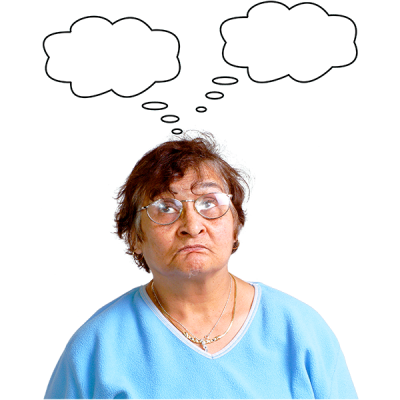 A woman with two thought bubbles above her head