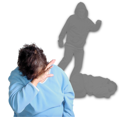 A lady covering her face with a picture in the background of her lying on the ground being attacked