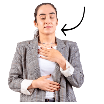 A person with a hand on their chest and an arrow showing that they are breathing in A person with a hand on their chest and an arrow showing that they are breathing in