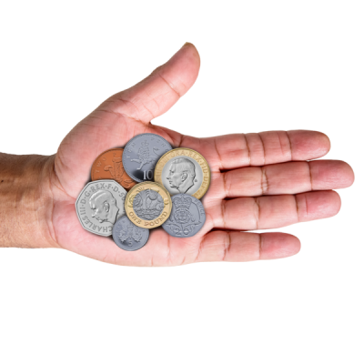 Some coins in the palm of a hand
