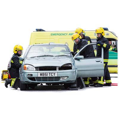 the fire brigade helping at a car crash with an ambulance in the background