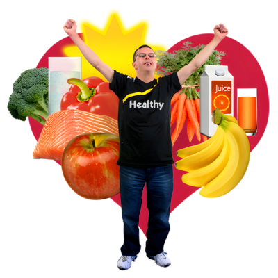 person standing in front of a heart with lots of health food, they have their hand up in teh air and have the word healthy on their tshirt