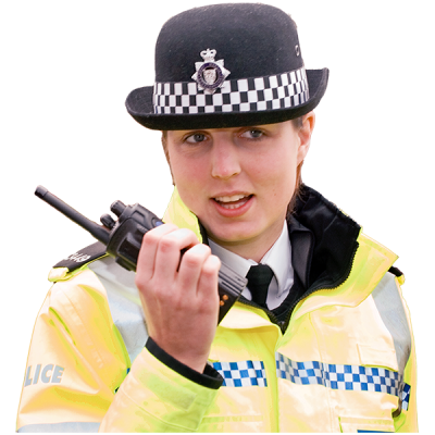 A policwoamn talking into her radio