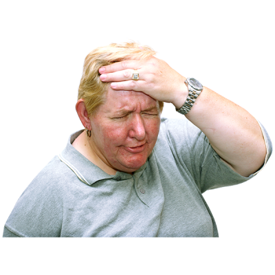 A woman with her hand to her head and a look of pain on her face