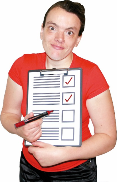 A woman holding a clipboard with a list of items on. The first two have been ticked off