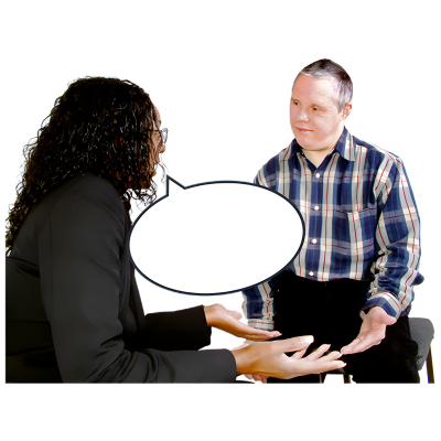 Two people having a conversation with a speech bubble between them.