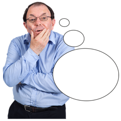 A man stroking his chin with a thought bubble next to him